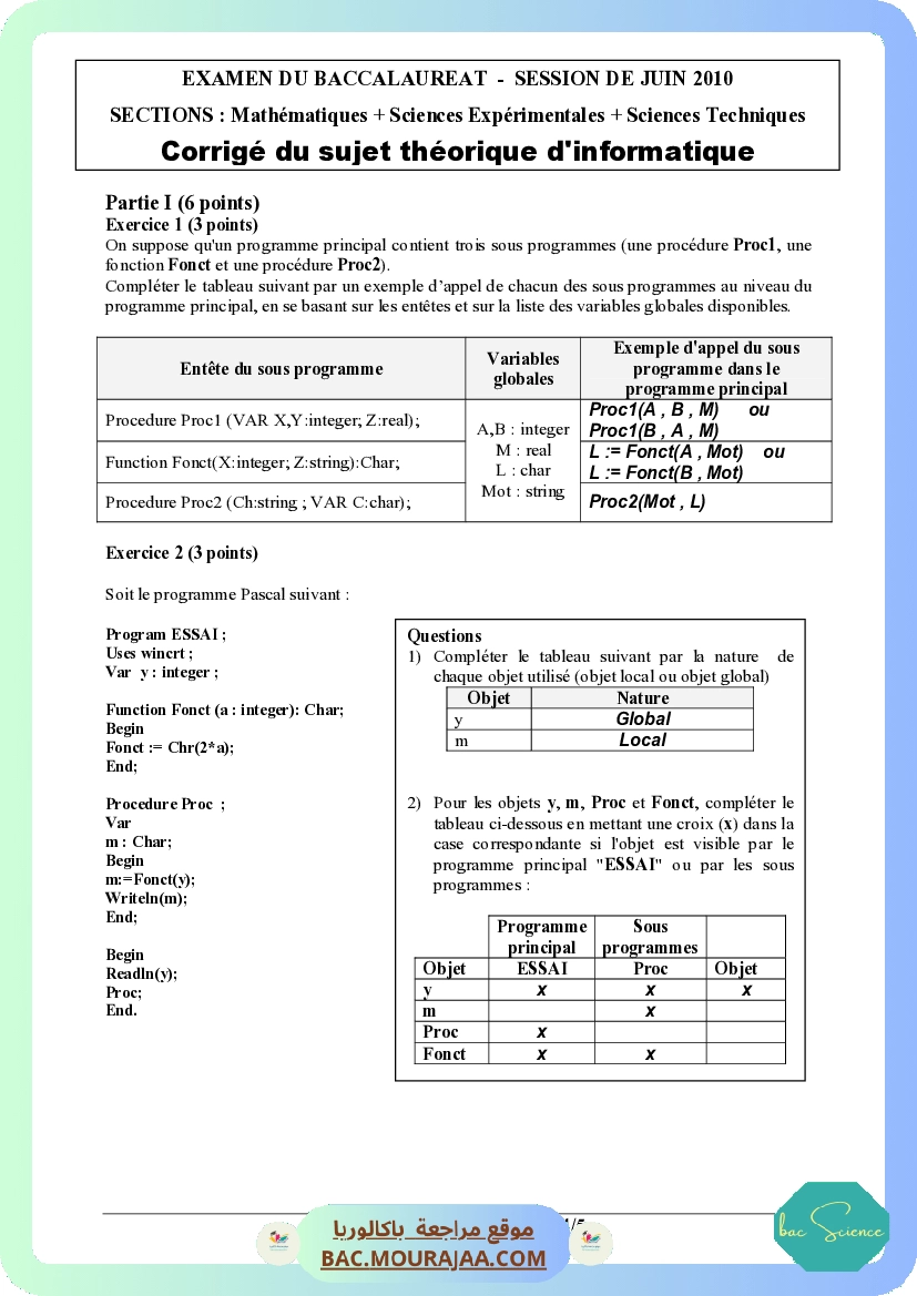 Corrigé principale info Bac 2010 – Section science